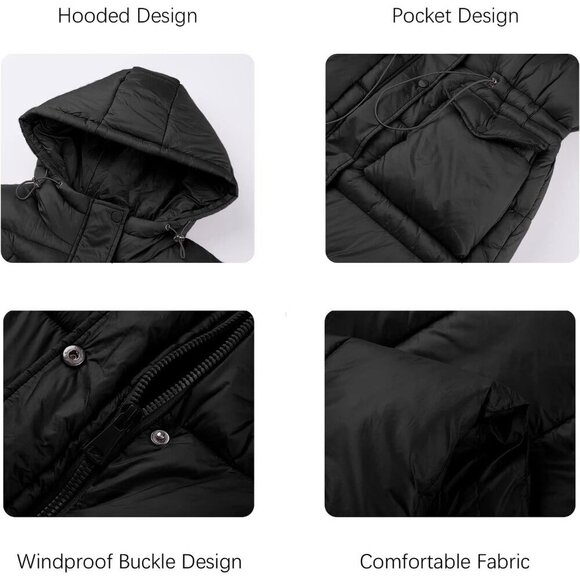 🆕 Women Black Puffer Vest Long Puffy Quilted Hooded Sleeveless Jacket Designed - Picture 5 of 6